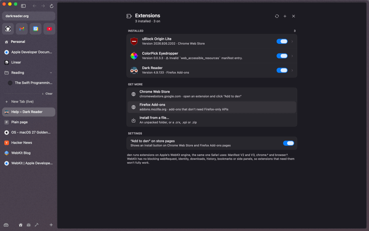 The Extensions page listing uBlock Origin Lite, ColorPick and Dark Reader