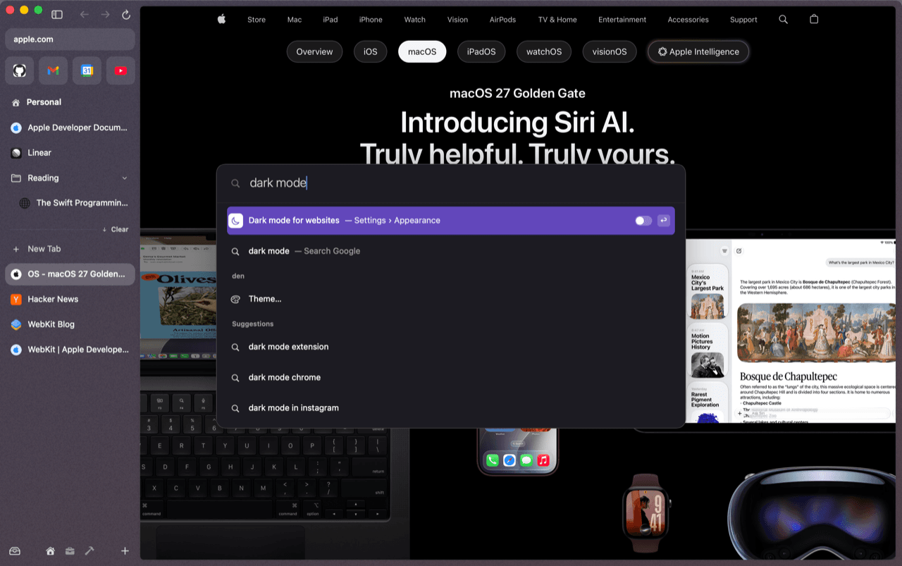 Flipping dark mode for websites from the command bar