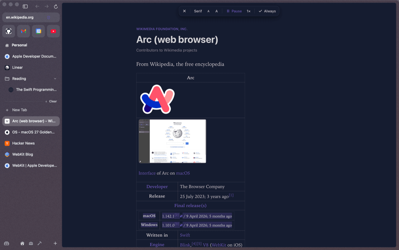 Reader reading an article aloud in dark mode