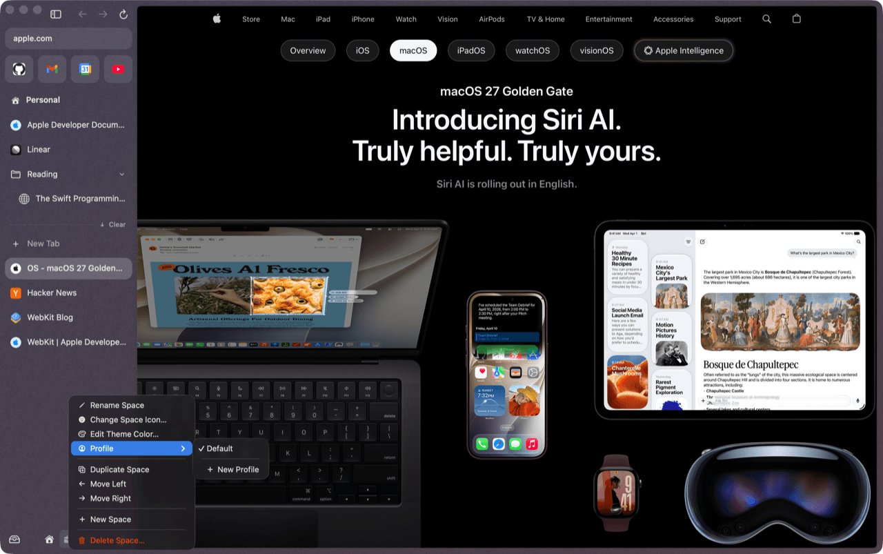 den's sidebar with the space menu open